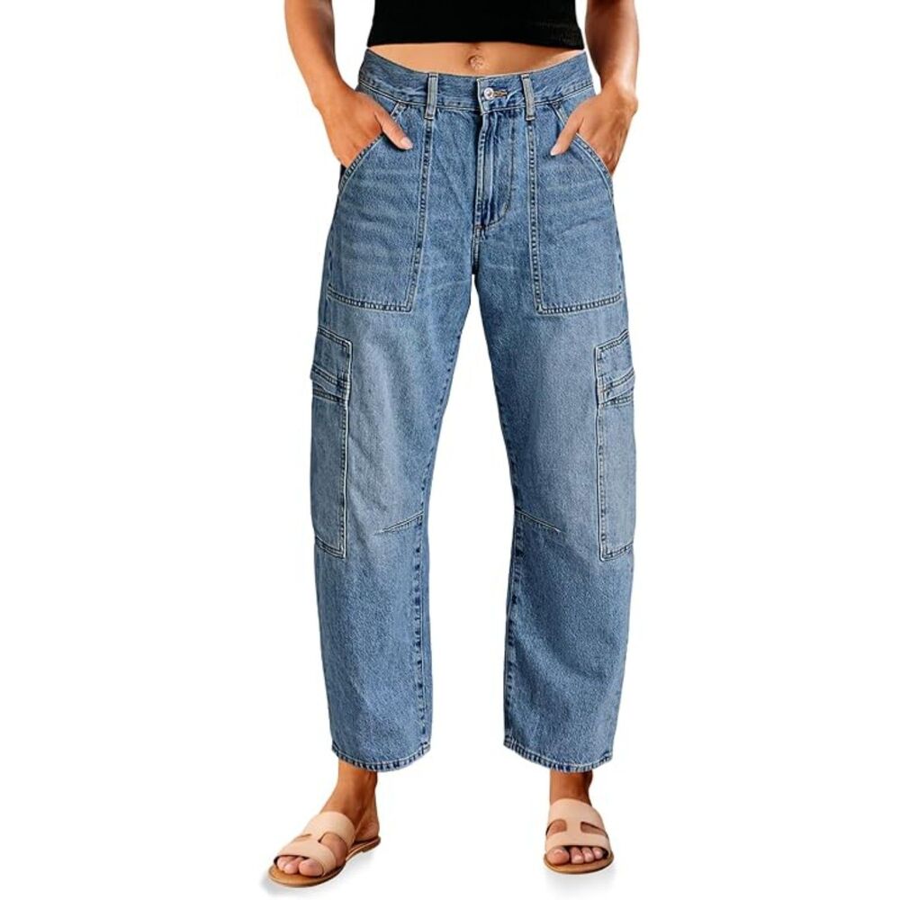 Plnotme Women's Blue Cargo Barrel Jeans